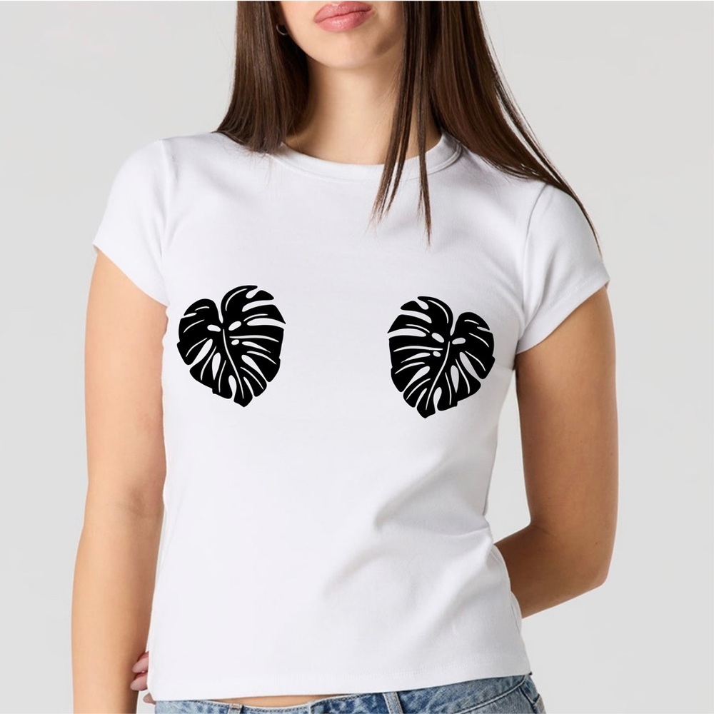 Monstera Palm Leaf Graphic T–Shirt – Cotton Short Sleeve Crewneck – White